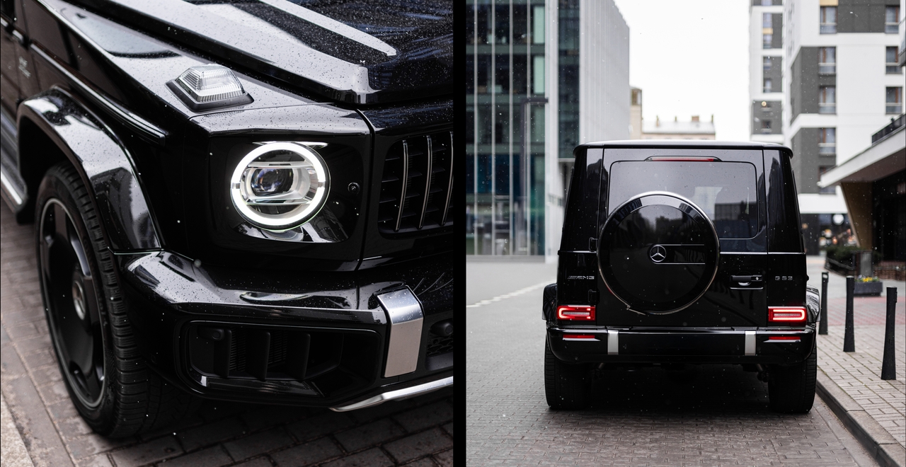 Front and rear details of the facelifted Mercedes-AMG G 63: iconic circular LED lights, bold Panamericana grille, and signature black spare wheel cover with Mercedes emblem. The legend lives on.