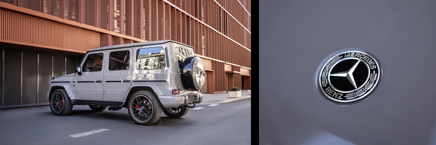 Слева — задний ракурс Mercedes G63 AMG на фоне архитектурного здания в городе. Справа — крупный план логотипа Mercedes-Benz на кузове автомобиля.