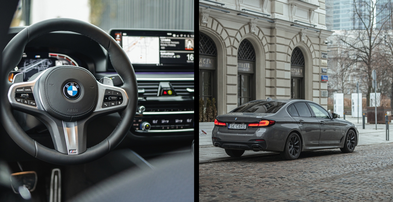 Роскошный интерьер BMW 5 серии с видом на цифровую панель и руль. Современные технологии и комфорт от SK CARS.