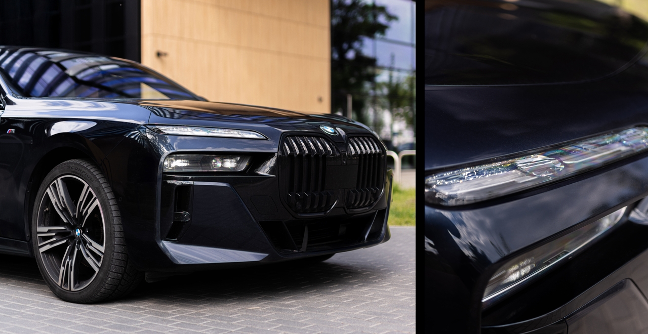 Характерный перед BMW 740d xDrive M Sport — современные фары, массивная решётка и спортивный акцент. Деталь, которая цепляет взгляд.