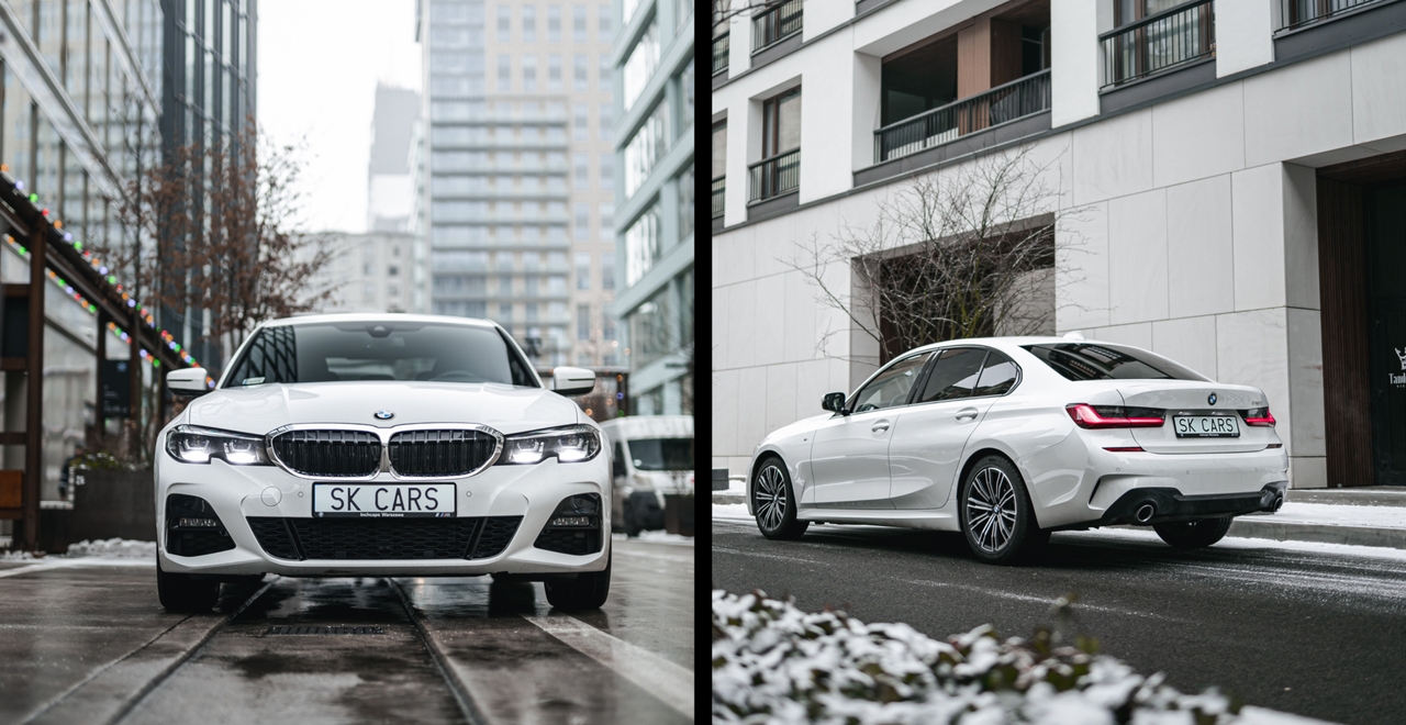 Белый BMW 3 серии на улицах города. Прокат автомобиля премиум-класса от SK CARS с индивидуальными условиями для вашего комфорта.