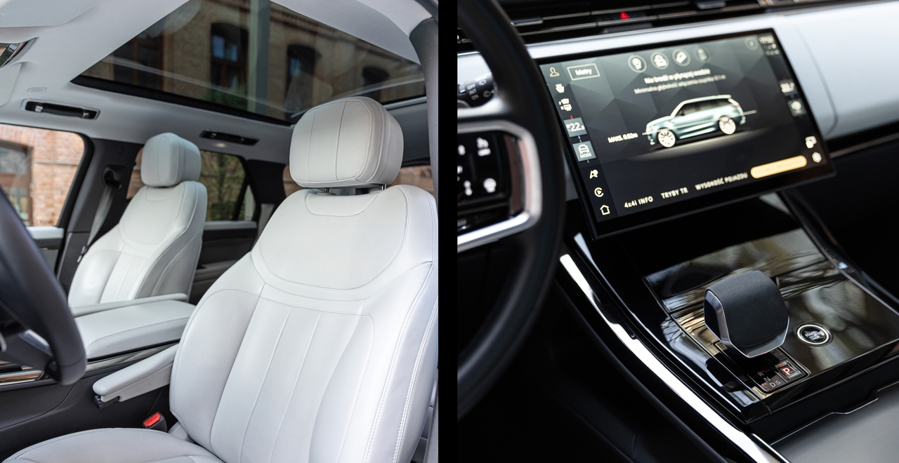 Слева: передние кресла Range Rover Sport в светлой кожаной отделке, панорамная крыша и просторный салон. Справа: центральная консоль с сенсорным экраном, отображающим настройки автомобиля, и стильным селектором передач.