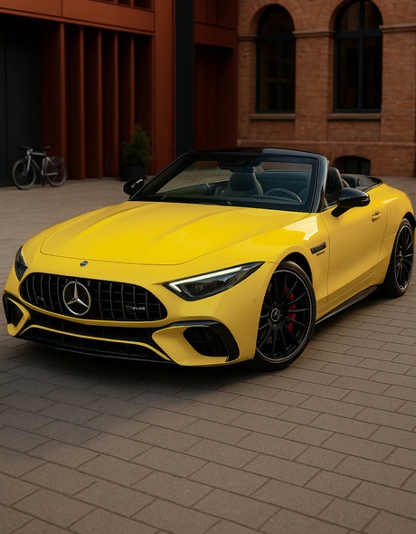 Передний вид Mercedes SL55 AMG в ярко-жёлтом цвете
