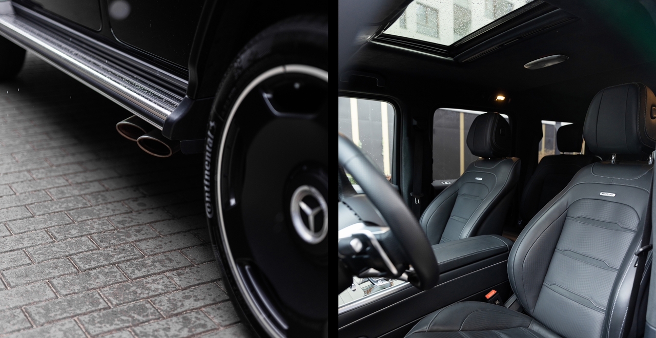 Details of the facelifted Mercedes-AMG G 63: black wheels with emblem, side exhaust pipes, and a luxurious interior with AMG Performance seats and panoramic roof. Power meets comfort.